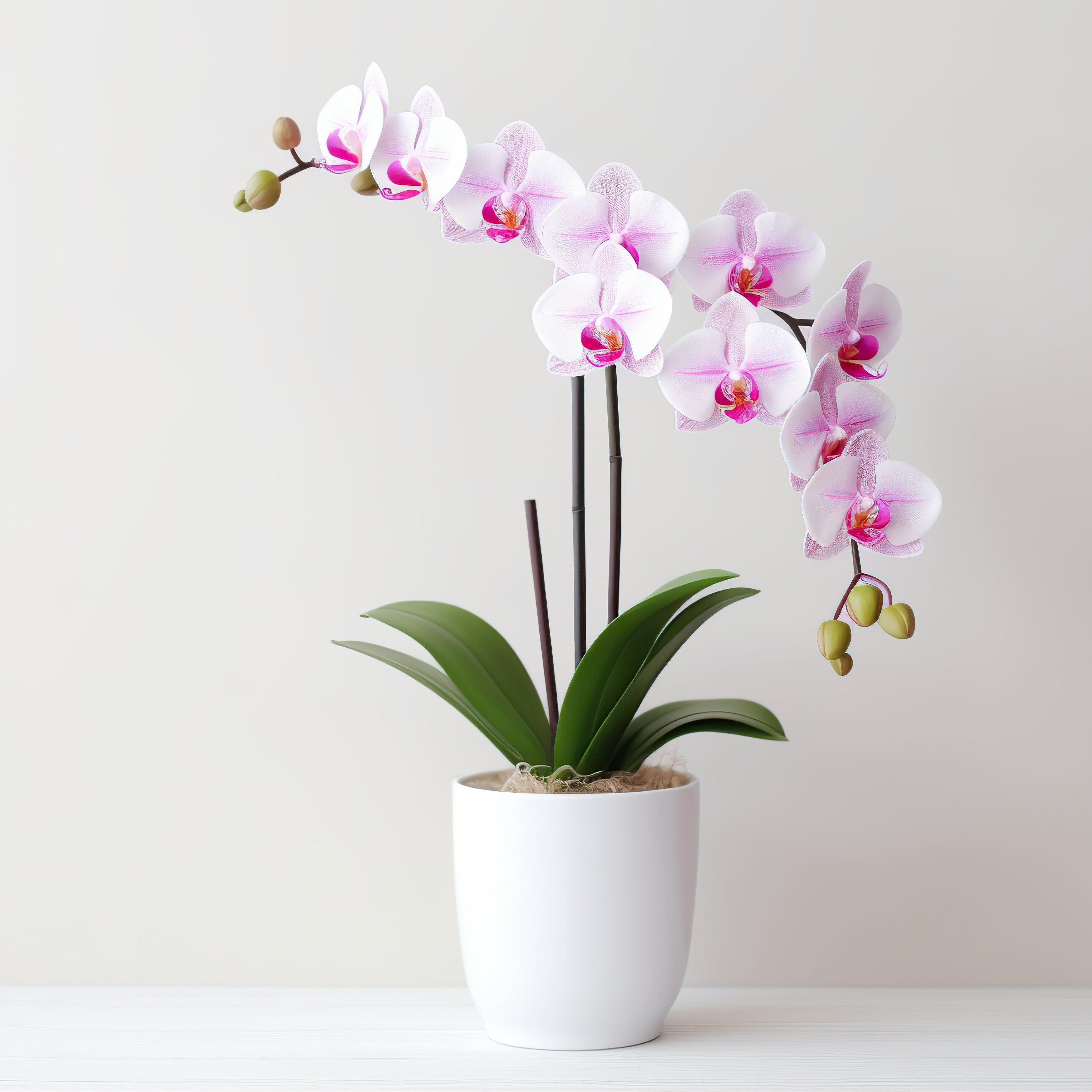 Potted orchid with pink flowers on a white background